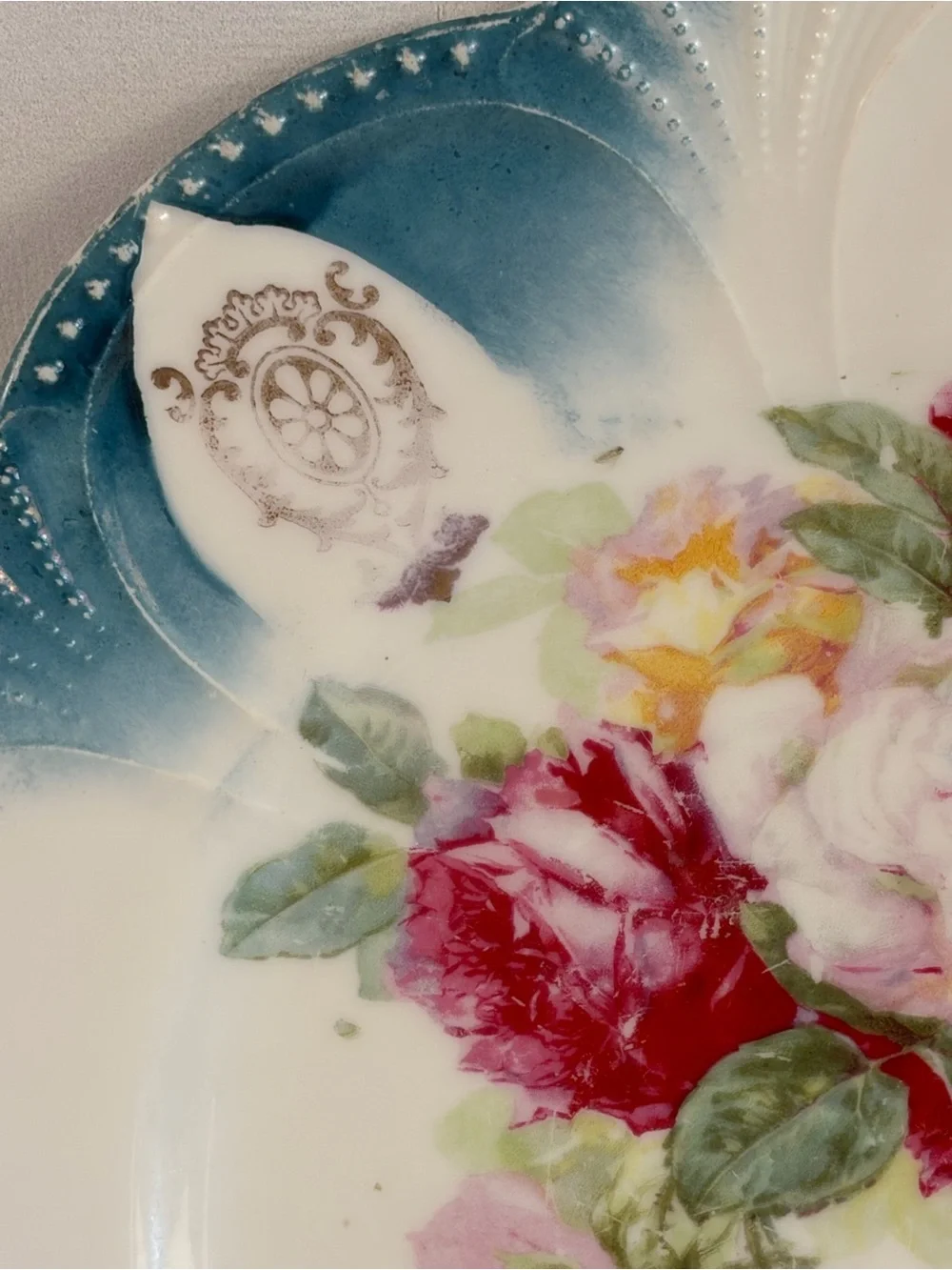 8” Porcelain Rose Plate Teal Blue Gold Scalloped Beaded Rim